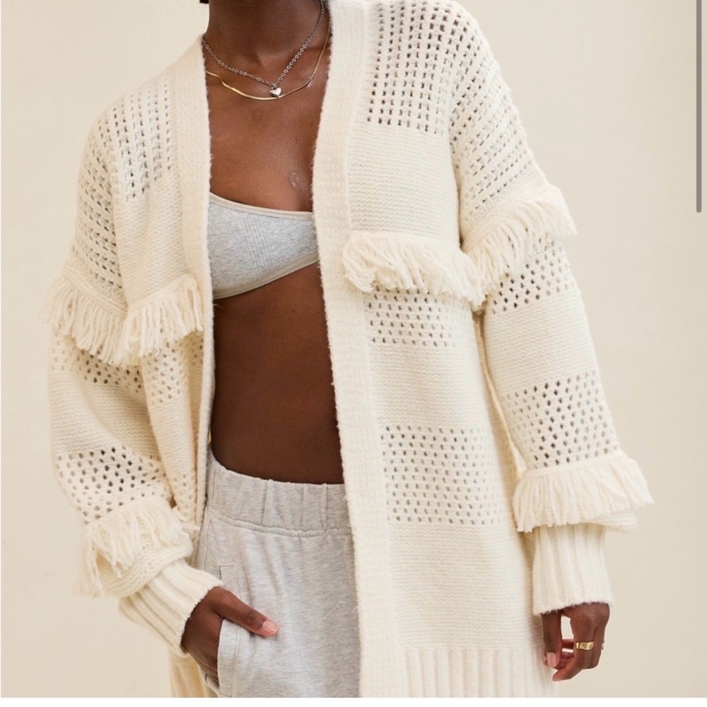 NWT Aerie Cream Open-Front Fringe Oversized Cowgirl Knit Cozy Cardigan Sz XL